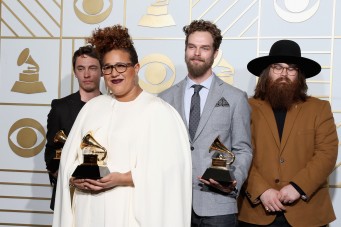 LOS ANGELES, CA - FEBRUARY 15: (L-R) Musicians Heath Fogg, Brittany Howard, Steve Johnson, and Zac Cockrell of Alabama Shakes, winners of Best Alternative Music Album for 'Sound & Color' and Best Rock Performance and Best Rock Song for 'Don't Wanna Fight,' pose in the press room during The 58th GRAMMY Awards at Staples Center on February 15, 2016 in Los Angeles, California. Frederick M. Brown/Getty Images for NARAS/AFP