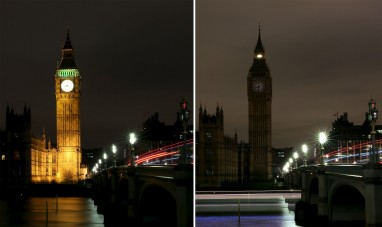 This combination picture shows the Houses of Parliament before and after the lights were switched off for Earth Hour in London