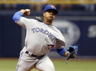 ST. PETERSBURG, FL - APRIL 3: Marcus Stroman #6 of the Toronto Blue Jays pitches during the first inning of a game against the Tampa Bay Rays on April 3, 2016 at Tropicana Field in St. Petersburg, Florida.   Brian Blanco/Getty Images/AFP