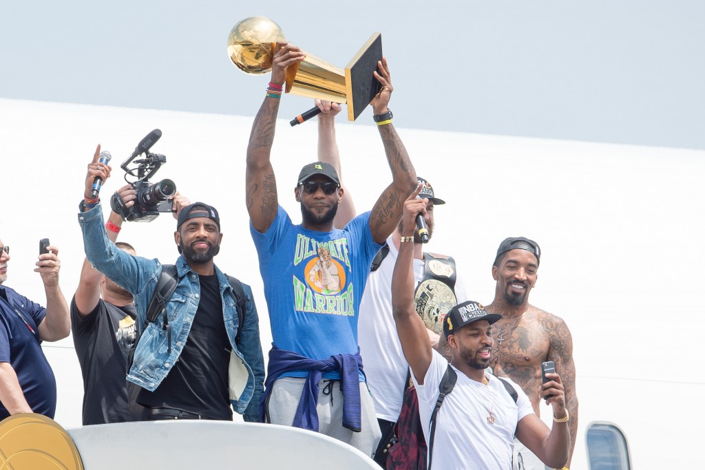 CLEVELAND, OH - JUNE 20: Kyrie Irving #2, LeBron James #23, Tristan Thompson #13, Kevin Love #0 and J.R. Smith #5 of the Cleveland Cavaliers return to Cleveland after wining the NBA Championships on June 20, 2016 in Cleveland, Ohio.   Jason Miller/Getty Images/AFP
