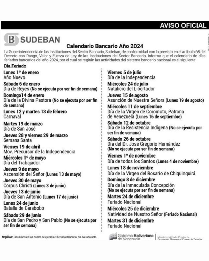 Sudeban publica calendario de feriados bancarios para 2024 Diario